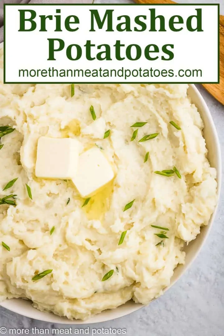 An aerial view of the brie mashed potatoes in a bowl.