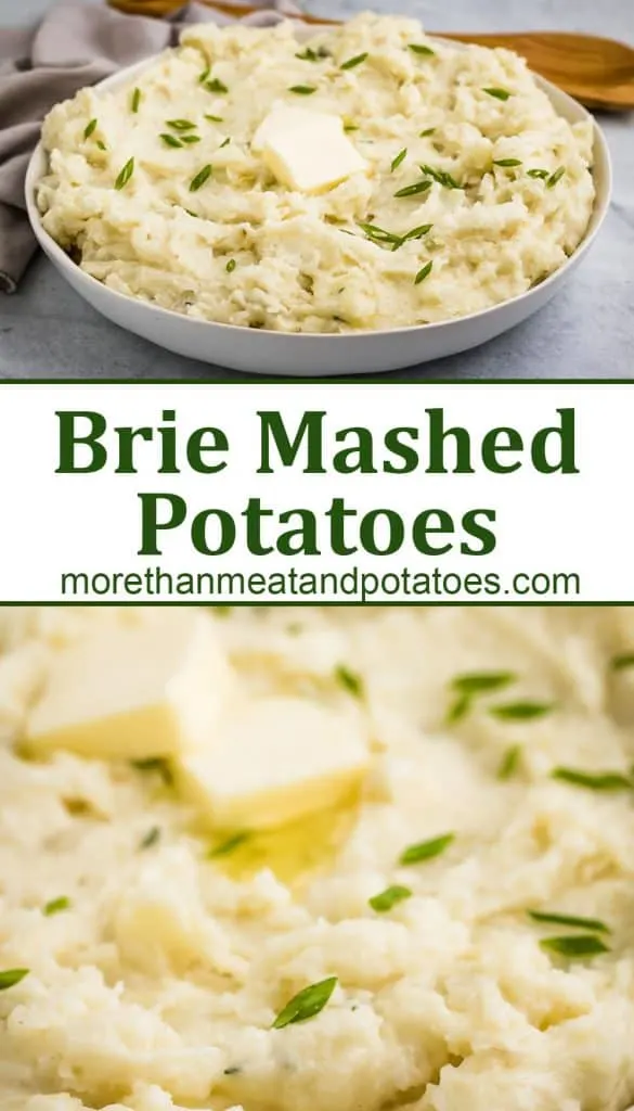 Two stacked photos showing the brie mashed potatoes.