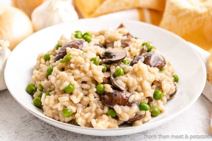 The creamy mushroom risotto served in a bowl.