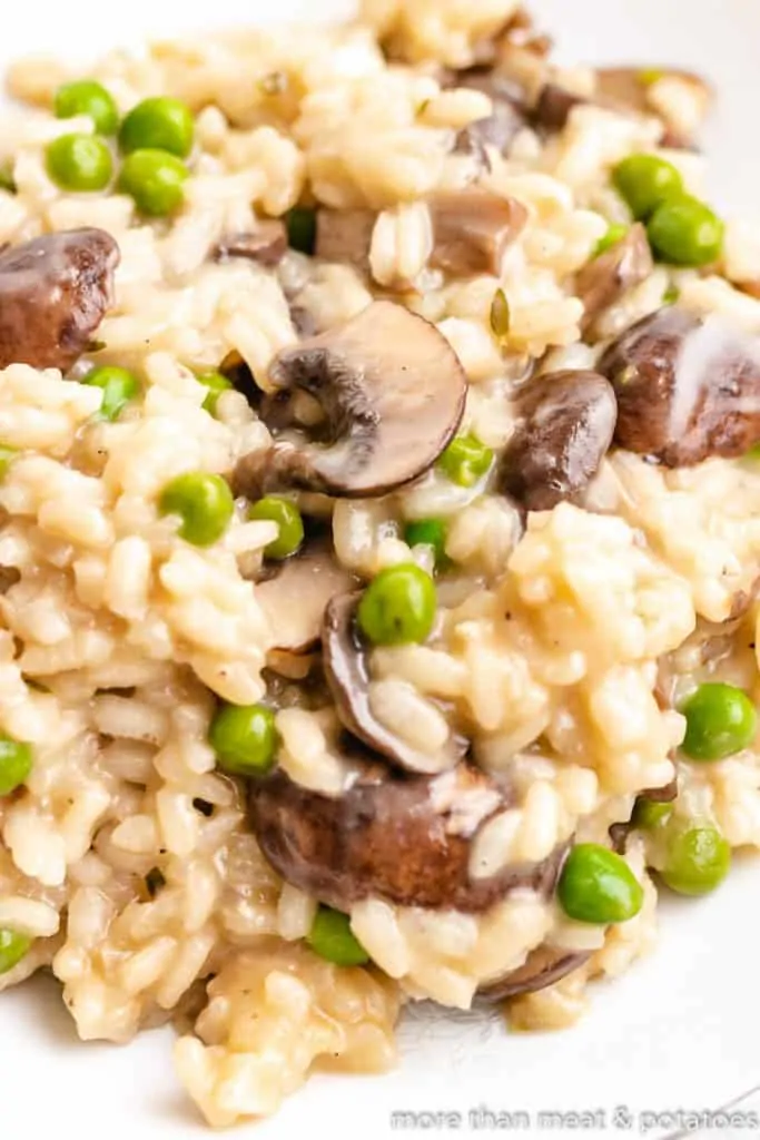 An up-close view of the finished rice dish in a bowl.