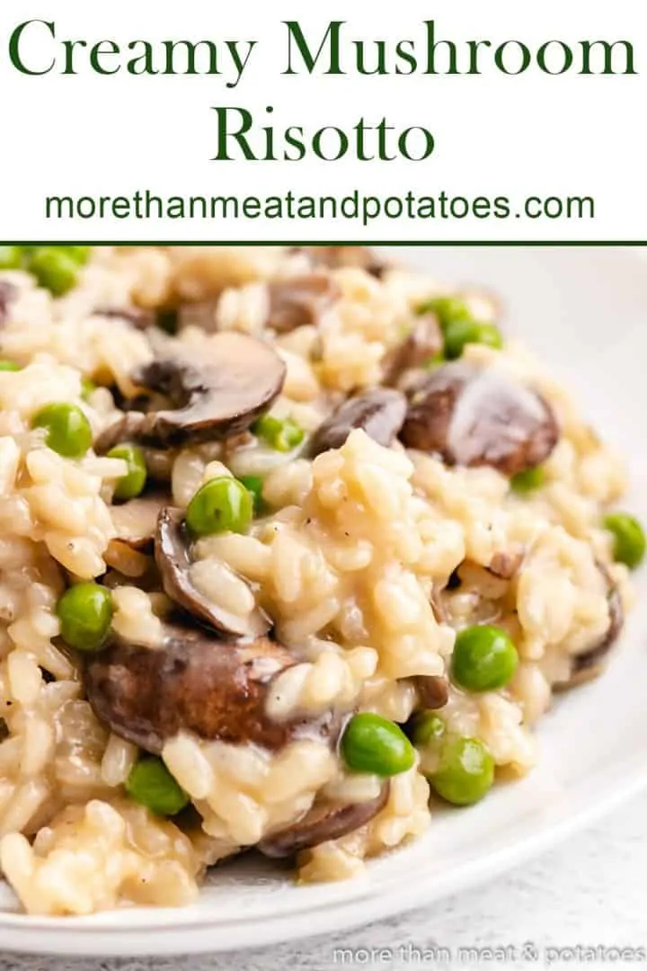 Creamy mushroom risotto served in a decorative white bowl.