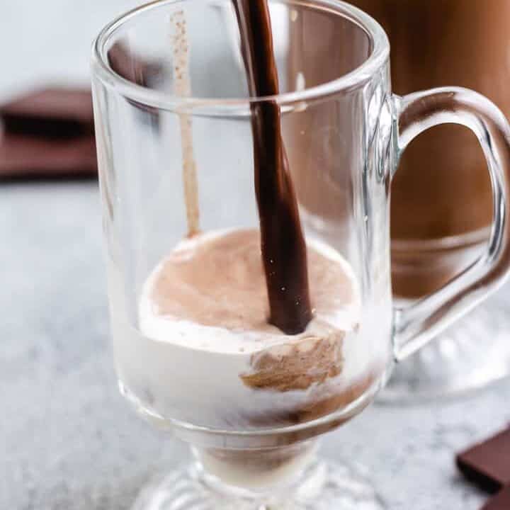 Dark Chocolate Coffee The hot coffee being added to the heavy cream.