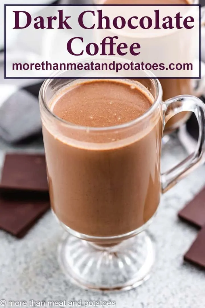 Decadent, rich, dark chocolate coffee in a glass mug.