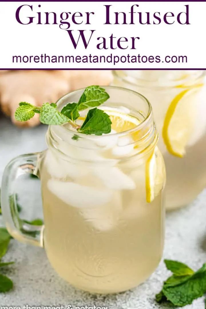 A close-up of the ginger infused water in a mug.