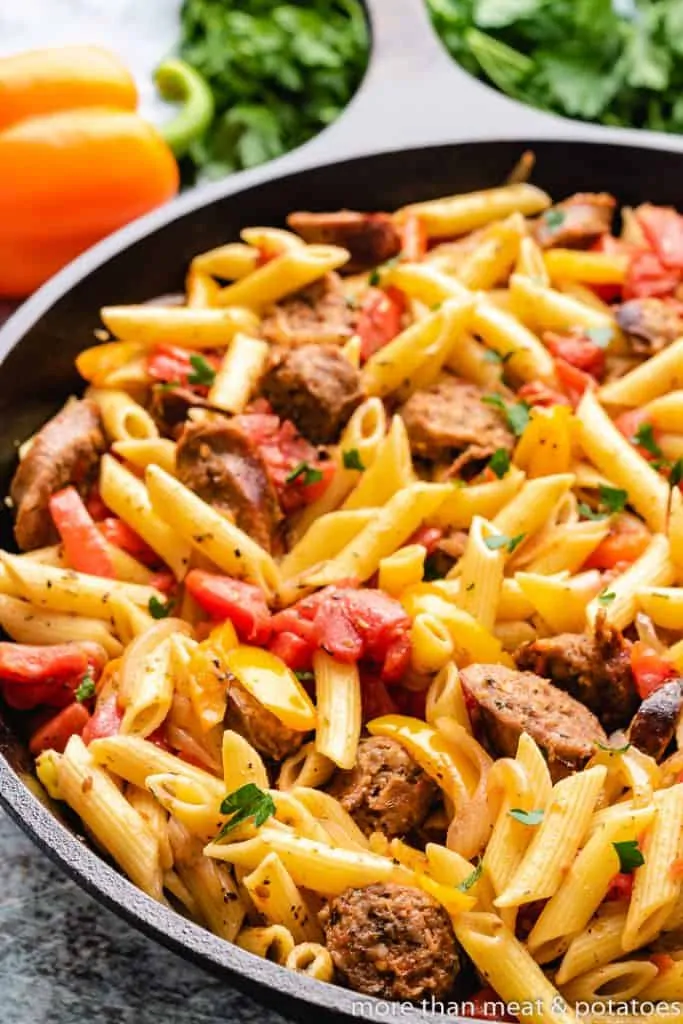 A close-up view of the finished pasta in a pan.