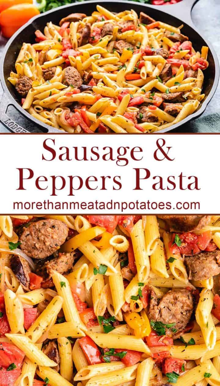 Two photos showing the sausage and peppers pasta.