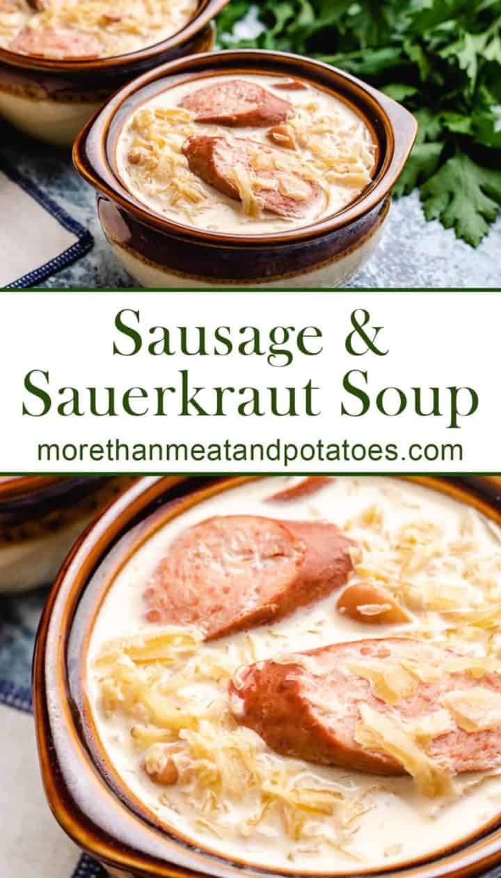 Two stacked photos showing the sausage and sauerkraut soup.