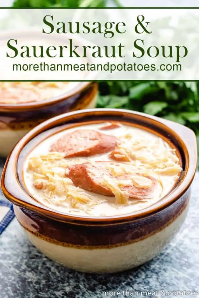 Sausage and sauerkraut soup served in decorative brown bowls.