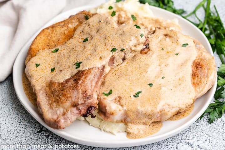 The sour cream pork chops served with mashed potatoes.