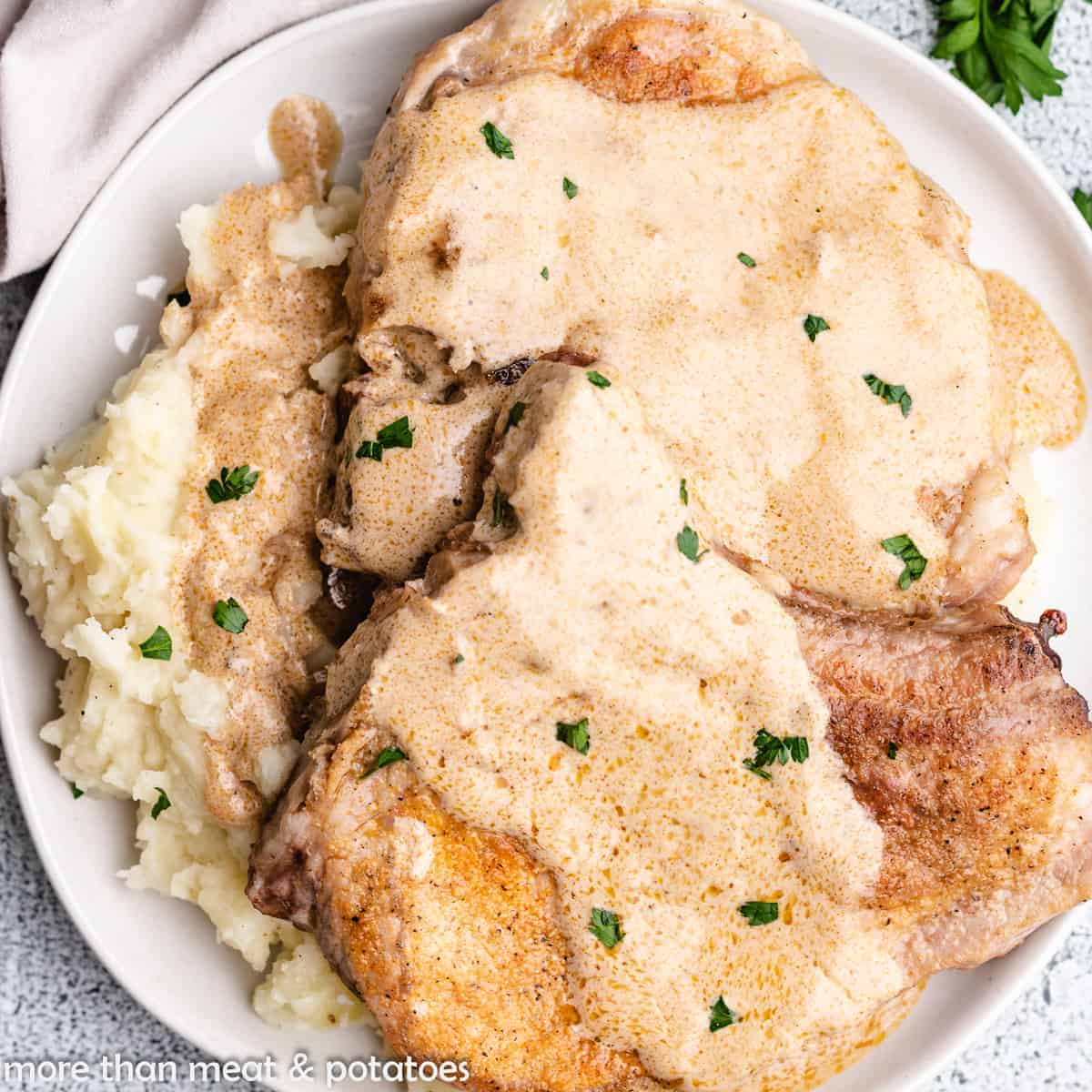 An aerial view of the sour cream pork chops with gravy.