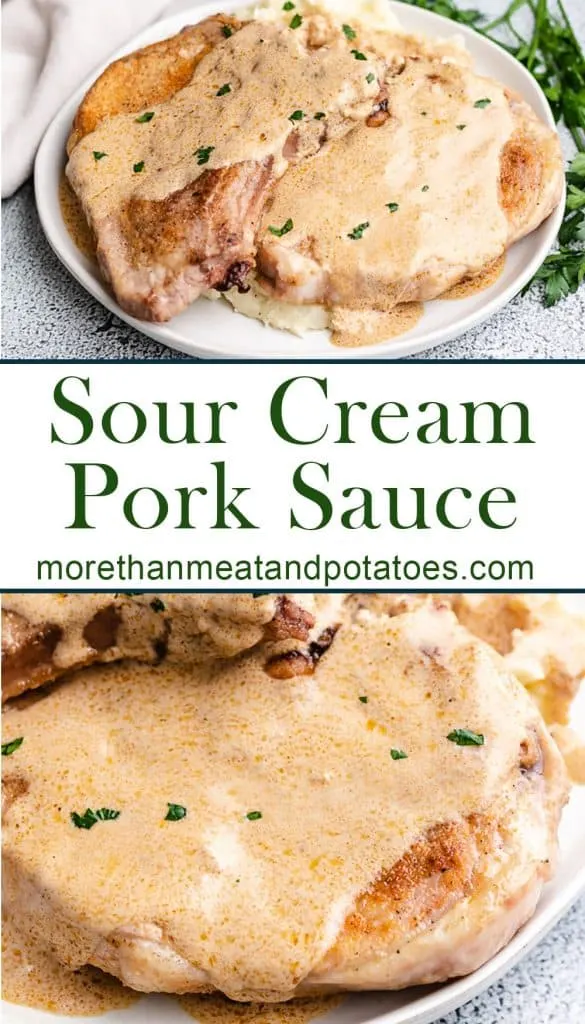 Two stacked photos showing the finished sour cream pork chops.