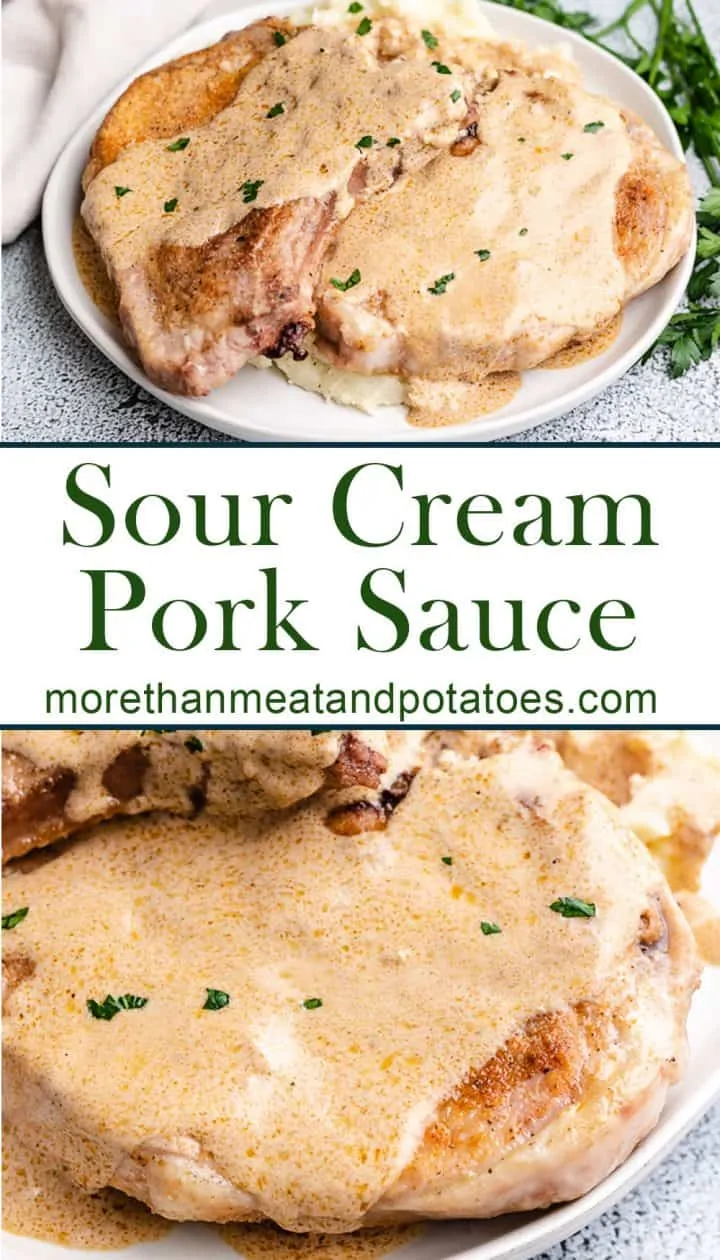 Two stacked photos showing the finished sour cream pork chops.