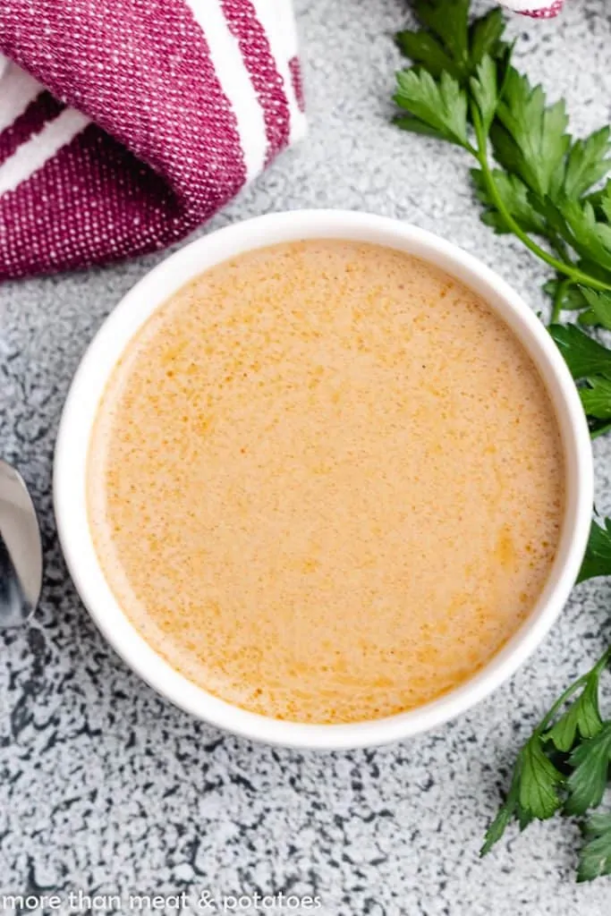 An aerial view of the gravy in a bowl.