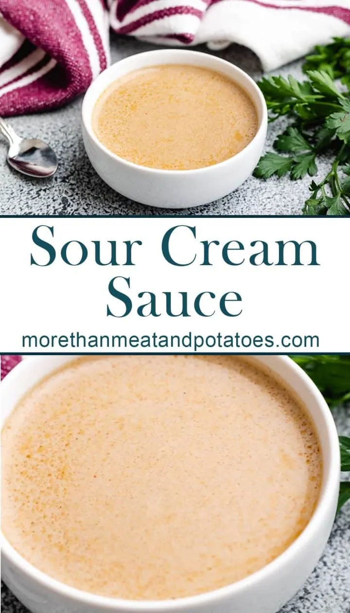 Two photos of the sour cream sauce in a bowl.