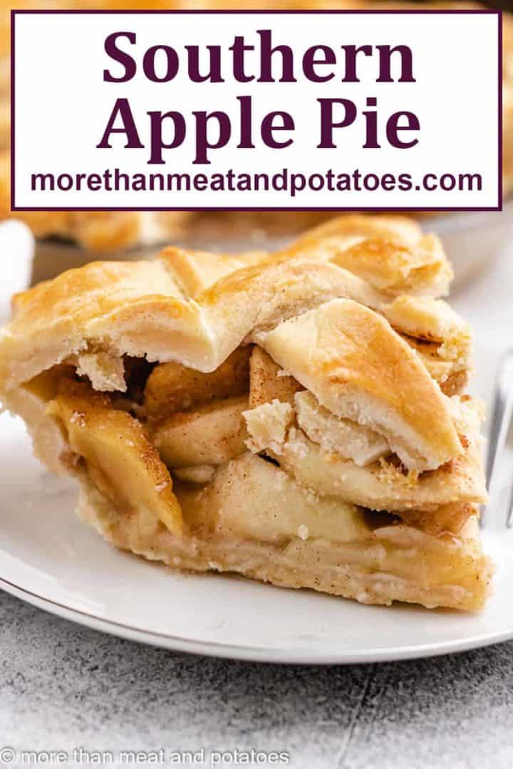 An up-close view of a slice of southern apple pie.