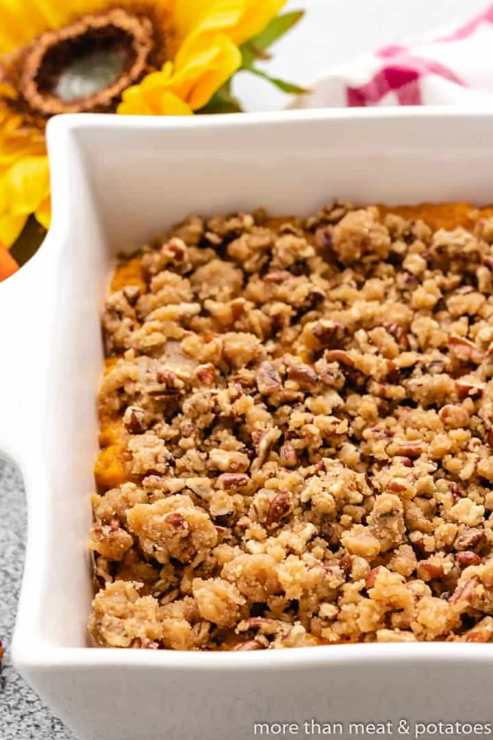 A close-up view of the topping on the casserole.