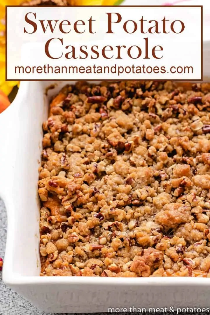 Aerial view of the sweet potato casserole with pecan streusel.