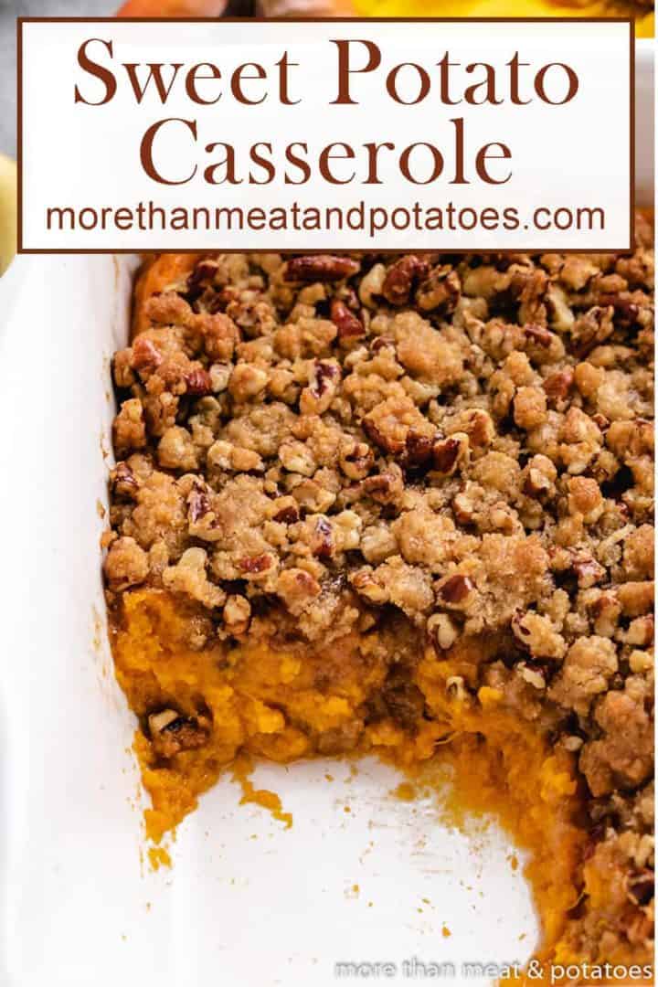 A serving of the sweet potato casserole removed from the dish.