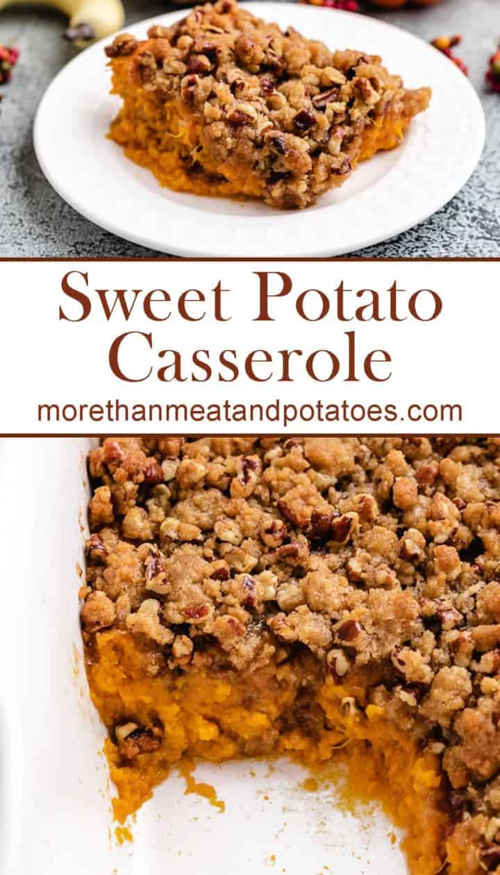 Two stacked photos showing the finished sweet potato casserole.