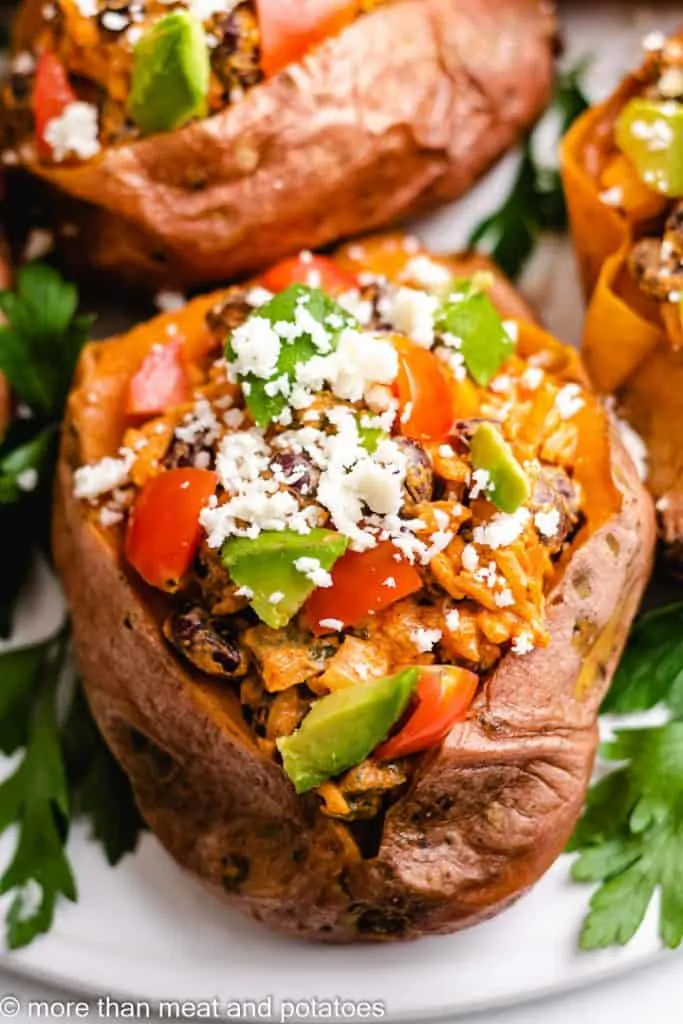 An up-close view of the finished stuffed potatoes.