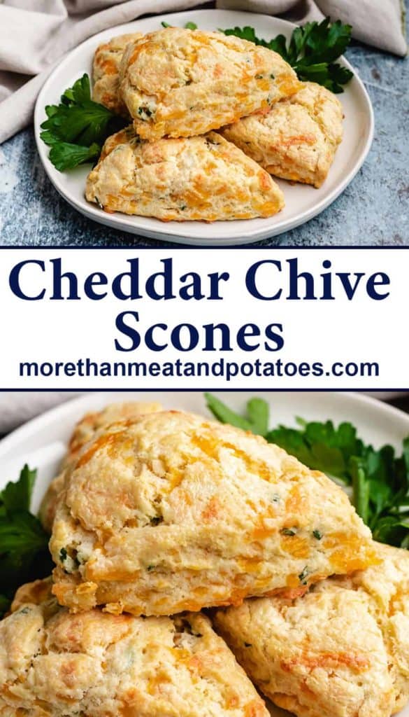 Two stacked photos showing cheddar chives scones on a plate.