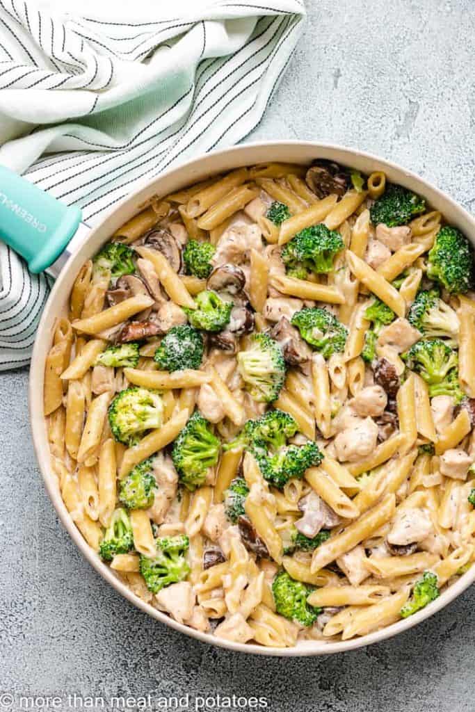 The finished chicken mushroom broccoli pasta ready to be served.