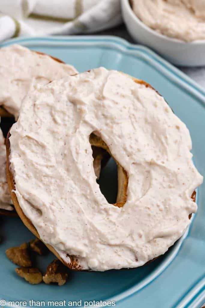 The cream cheese spread over a bagel.