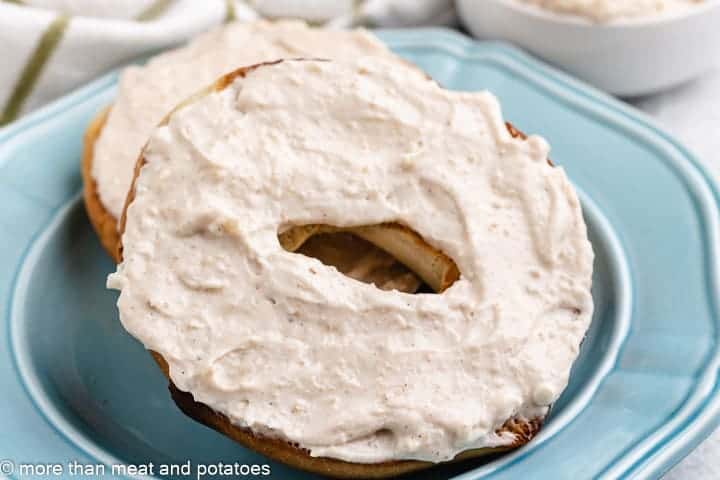 The honey walnut cream cheese spread on a bagel.