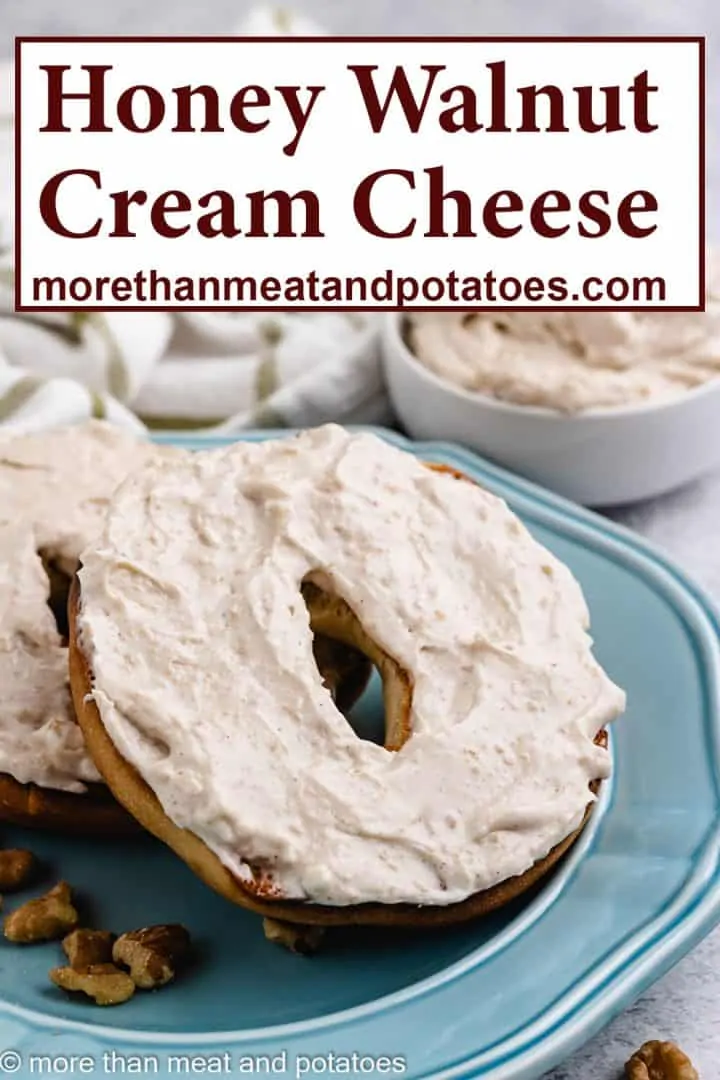 Honey walnut cream cheese spread over a bagel.