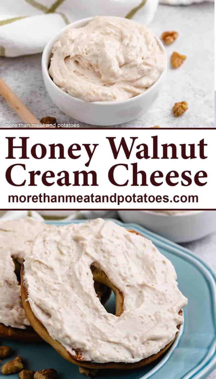 Two stacked photos depicting the honey walnut cheese spread.