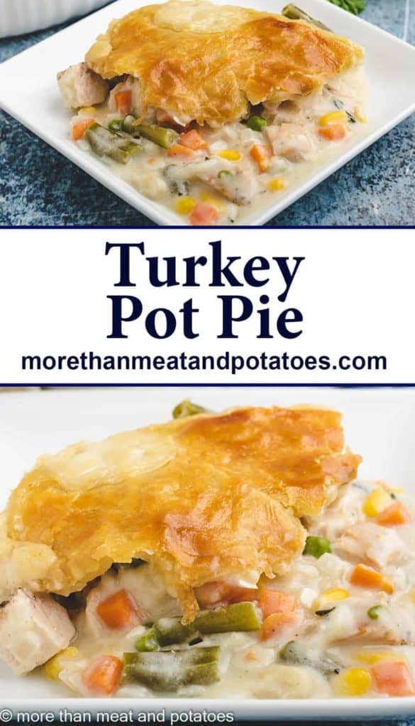 Two stacked photos of turkey pot pie servings on plates.