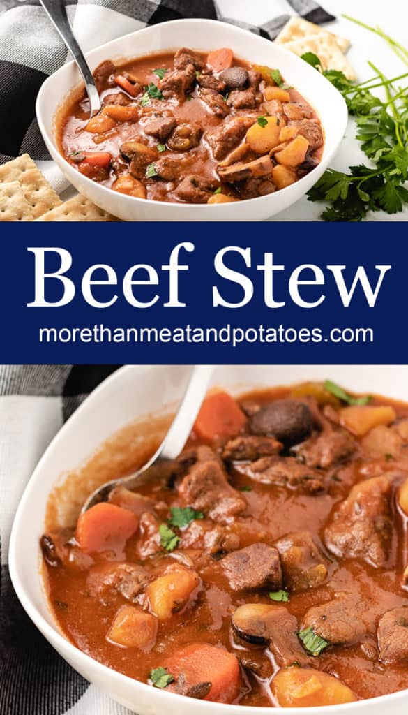 Two stacked photos of the stove-top beef stew in bowls.