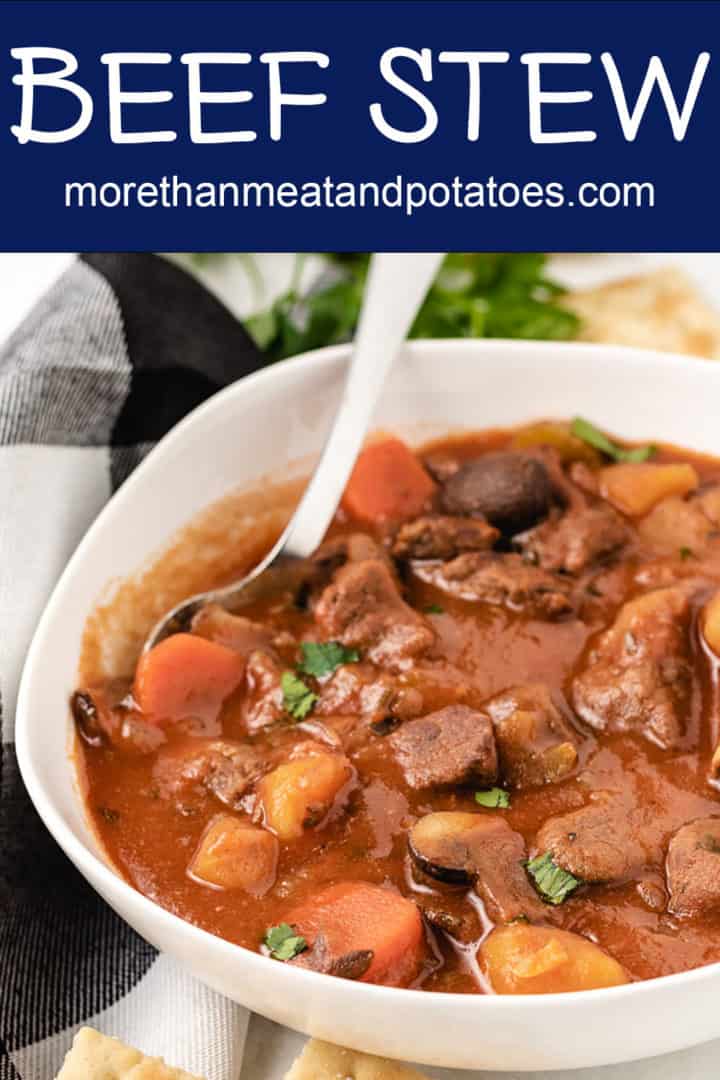 A close view of the homemade beef stew showing the meat and vegetables.