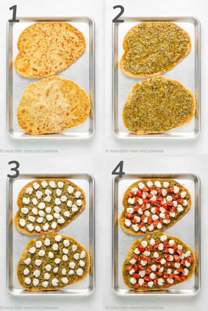 Collage showing how to make caprese flatbread.