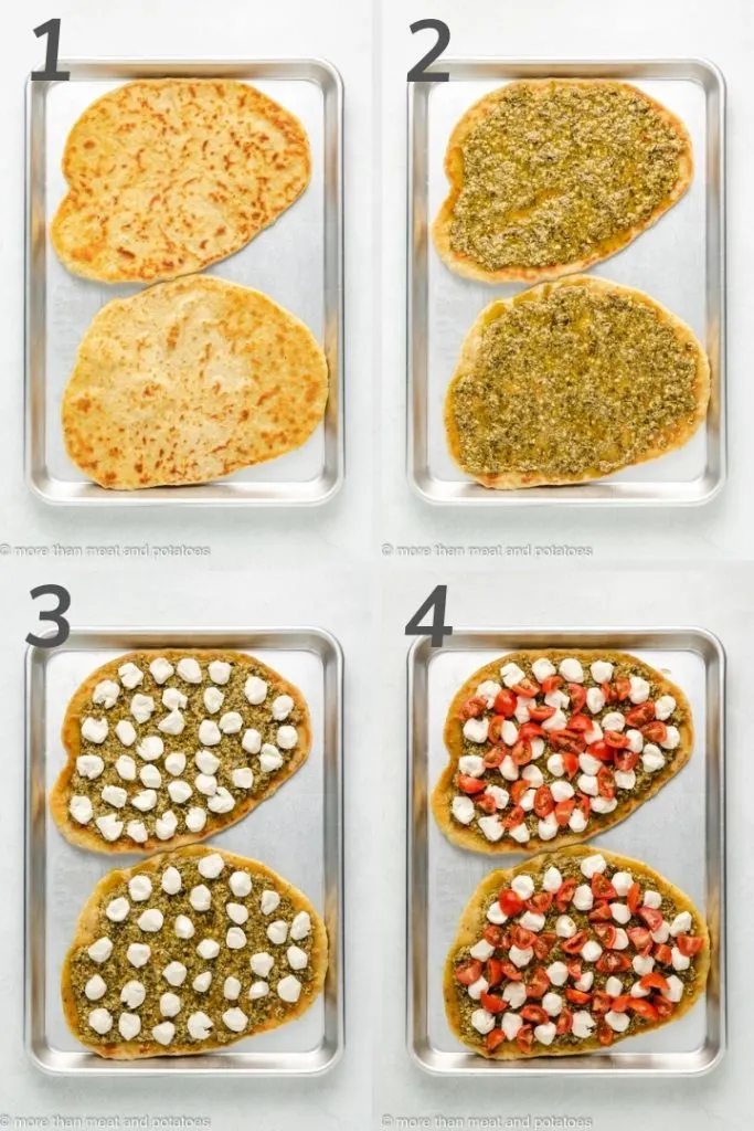 Collage showing how to make caprese flatbread.