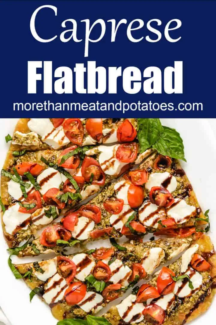 Top down of mozzarella tomato flatbread.