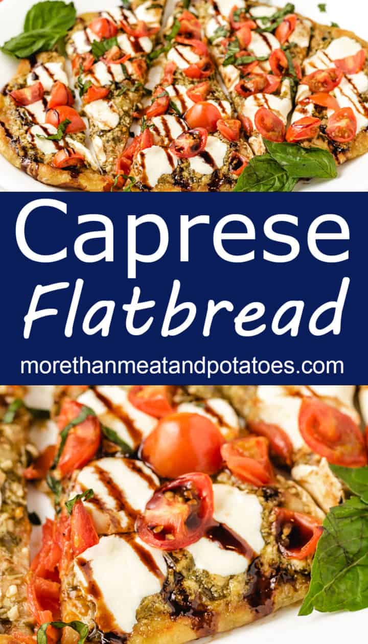 Collage of two photos showing sliced caprese flatbread.