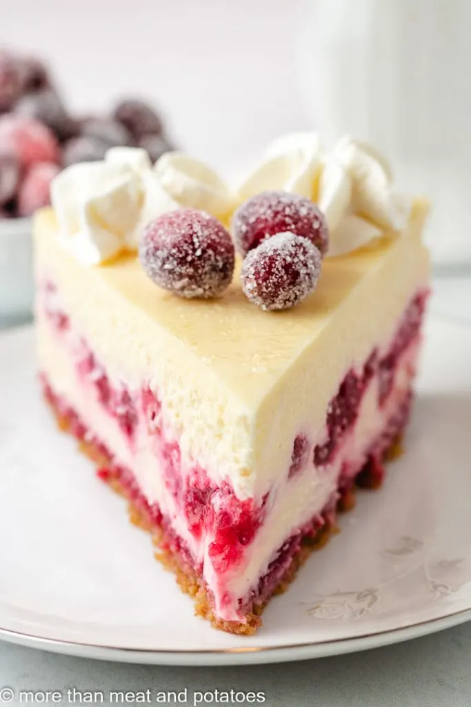 Front view of cheesecake on a white plate.