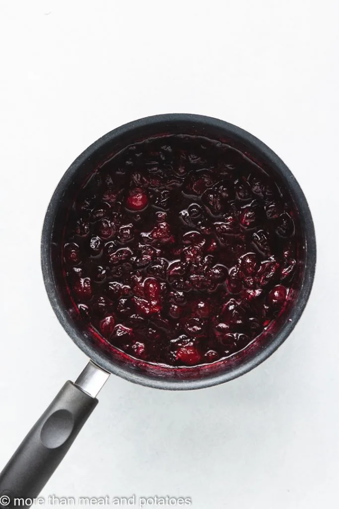 Top down view of cranberry "jelly" in a pan.