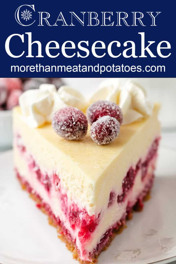Front on view of cheesecake with sugared cranberries.