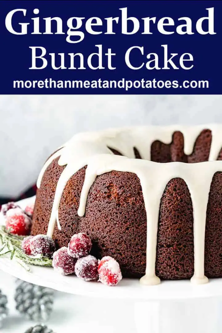 Gingerbread bundt cake on a white cake stand.