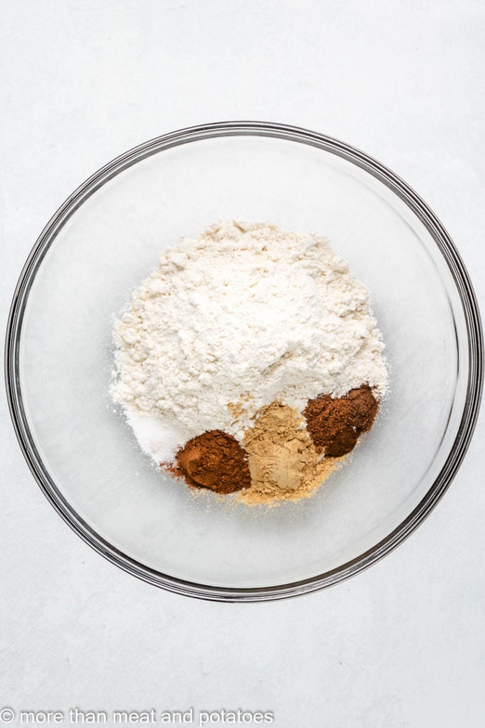 Flour and other dry ingredients in a large mixing bowl.