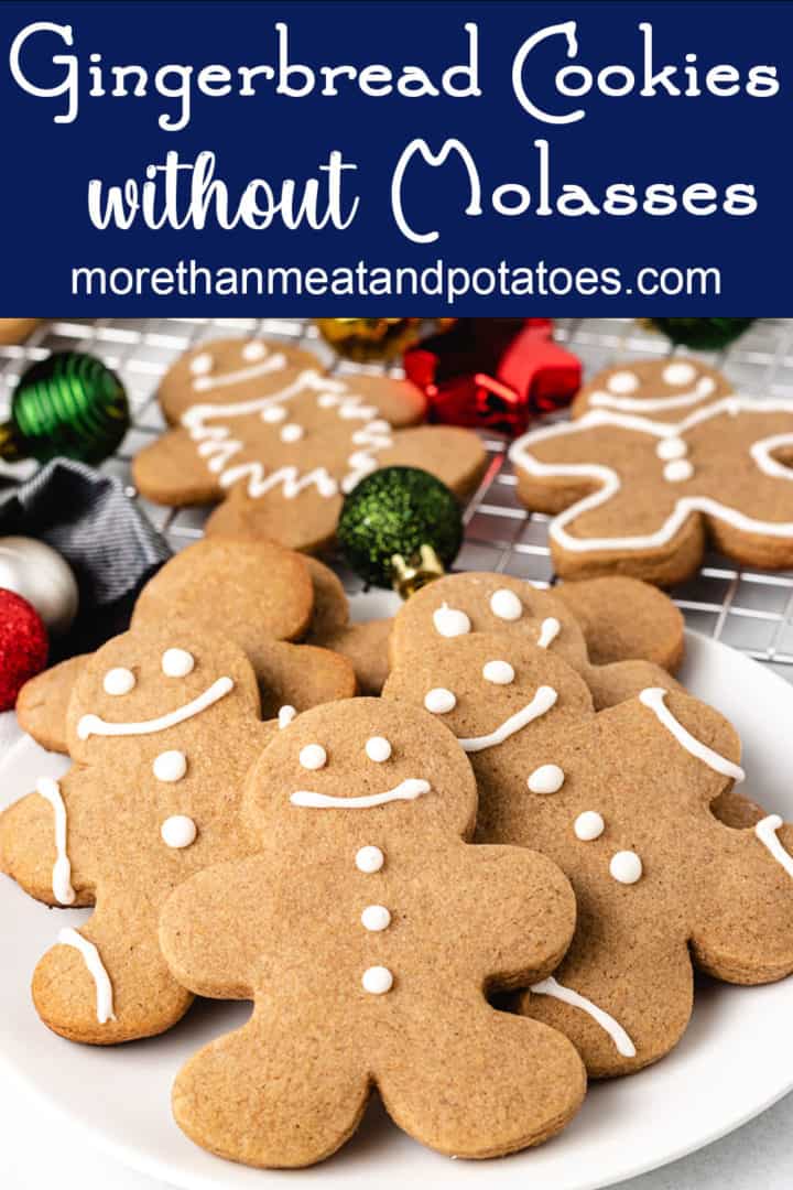 Festive gingerbread cookies made without molasses on a plate.