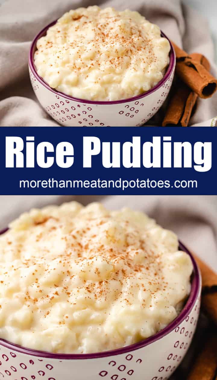 Two stacked photos of eggless rice pudding in bowls.