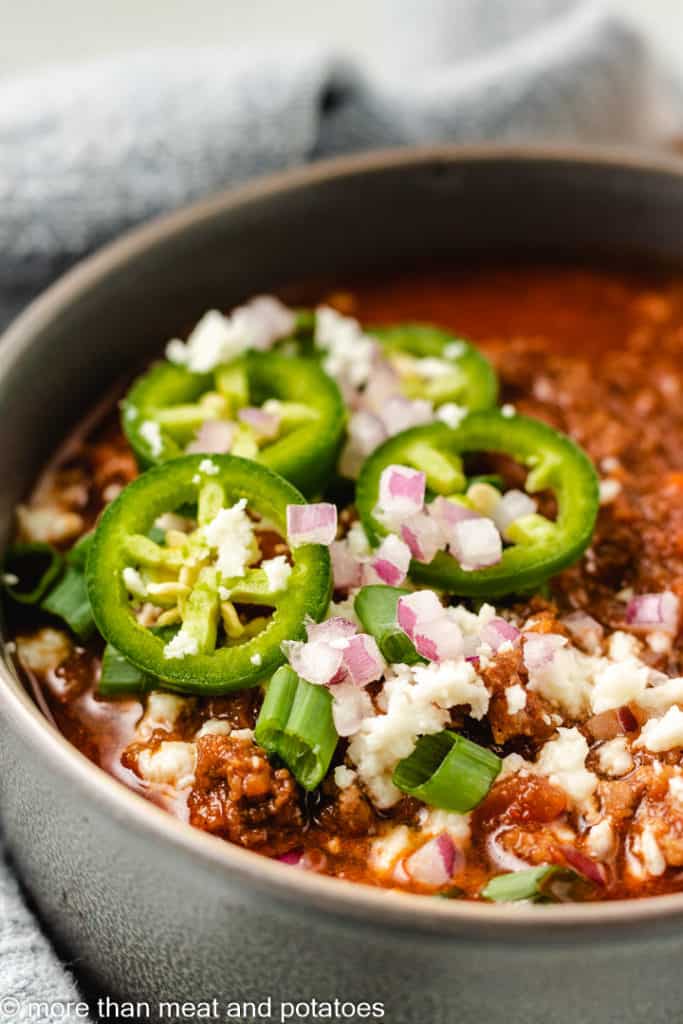 Close up of a bowl of chili.