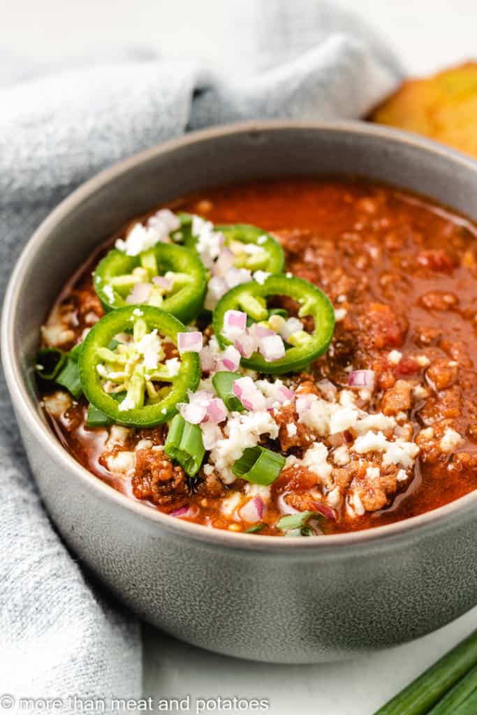 Chili with ground beef in a bowl.