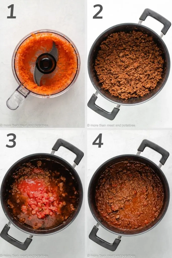 Collage of photos showing how to make chili.
