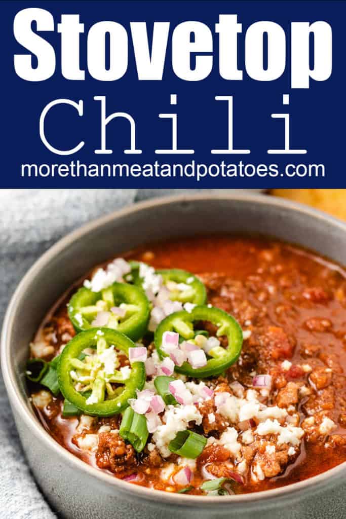 Gray bowl filled with stovetop chili.
