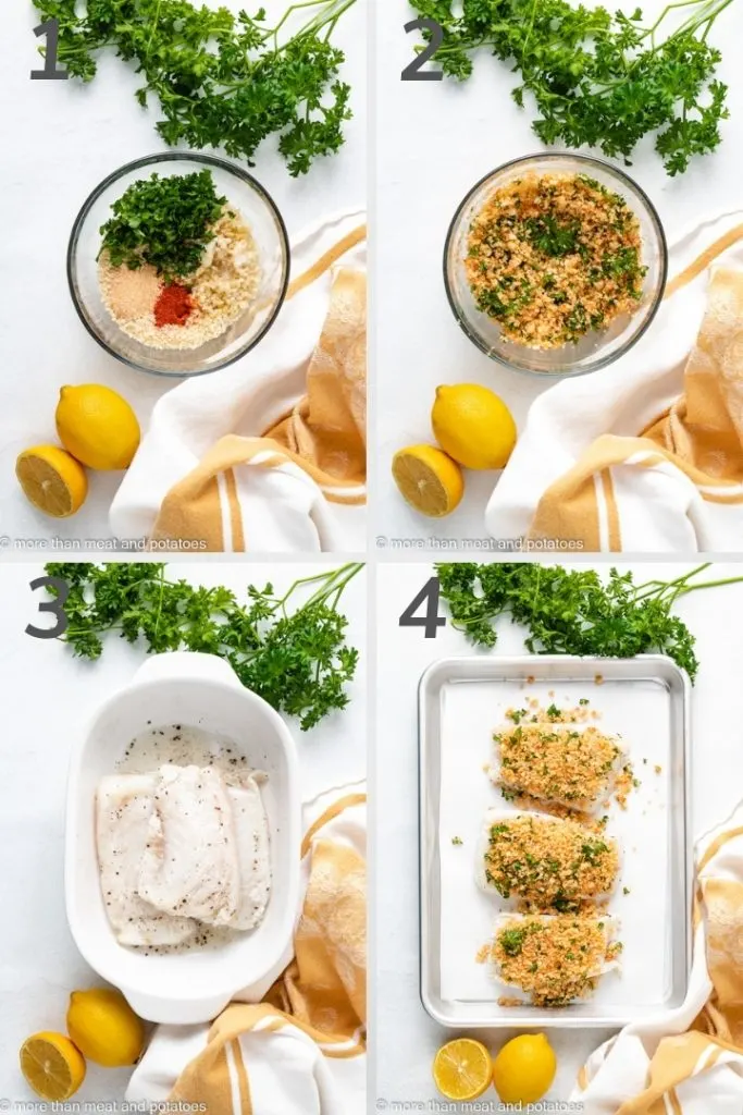 Four photos showing the steps of how to make baked cod with panko breadcrumbs.