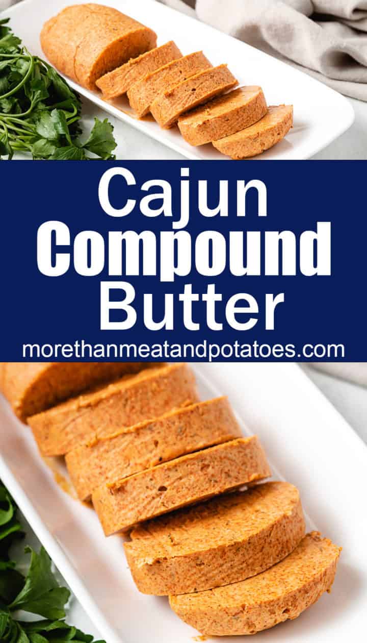 Two photos of cajun compound butter on a white plate.
